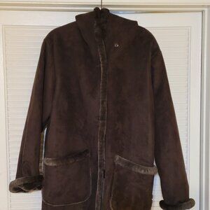 Jones New York Coat Faux Suede Fur Trim Hood Brown Size Large. Same Day Shipping